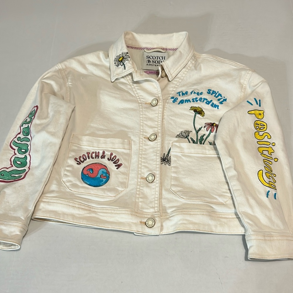 Scotch & Soda Embroidered denim flowers Park in Bloom Amsterdam white jacket